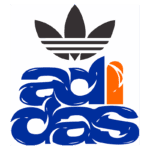 Logotipo da Adidas com três listras pretas no topo e o nome "adidas" em azul estilizado com uma letra "i" em laranja, destacando a identidade visual da marca esportiva.