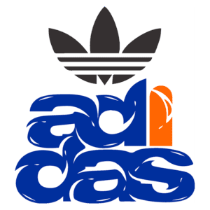 Logotipo da Adidas com três listras pretas no topo e o nome "adidas" em azul estilizado com uma letra "i" em laranja, destacando a identidade visual da marca esportiva.