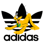 Imagem do personagem Pluto da Disney, deitado sobre o famoso logo da Adidas, com três listras pretas e o nome "adidas" em destaque. Pluto está usando um colar verde e apresenta uma expressão divertida, simbolizando a colaboração entre a marca esportiva e a cultura pop.
