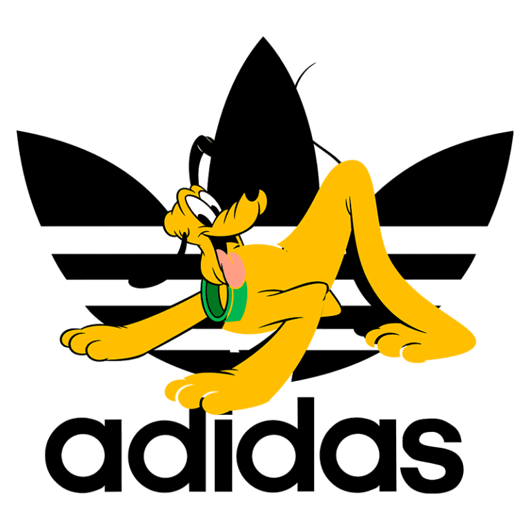 Imagem do personagem Pluto da Disney, deitado sobre o famoso logo da Adidas, com três listras pretas e o nome "adidas" em destaque. Pluto está usando um colar verde e apresenta uma expressão divertida, simbolizando a colaboração entre a marca esportiva e a cultura pop.