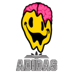 Imagem do logotipo da Adidas com uma ilustração divertida de um rosto amarelo sorridente, apresentando um cérebro rosa, simbolizando criatividade e originalidade na moda esportiva.