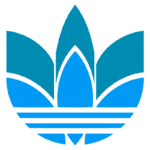 Logotipo da marca Adidas representando um design estilizado em azul claro com formas de folhas e listras, simbolizando esporte e moda urbana.