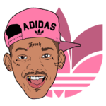 Ilustração de um rosto sorridente usando um boné rosa da Adidas, com tatuagens visíveis no rosto, incluindo a palavra "Fresh". O fundo apresenta o logotipo icônico em um design minimalista.