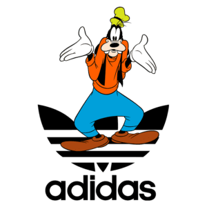 Personagem animado Pateta da Disney, em uma pose divertida, com roupa laranja e calças azuis, posicionado sobre o logo da Adidas em preto. Ideal para artes, vestuário e cultura pop.