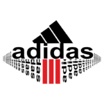 Logotipo da Adidas com o nome "adidas" repetido em diferentes tamanhos e as icônicas três listras em vermelho, representando a marca e sua identidade visual forte no mundo do esporte.