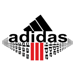 Logotipo da Adidas com o nome "adidas" repetido em diferentes tamanhos e as icônicas três listras em vermelho, representando a marca e sua identidade visual forte no mundo do esporte.