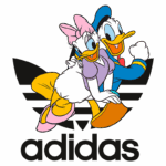 Imagem colorida de Pato Donald e Margarida Duck alegres, destacando o logotipo da Adidas em preto abaixo deles. Ideal para conteúdos sobre cultura pop, moda e colaborações de marcas.