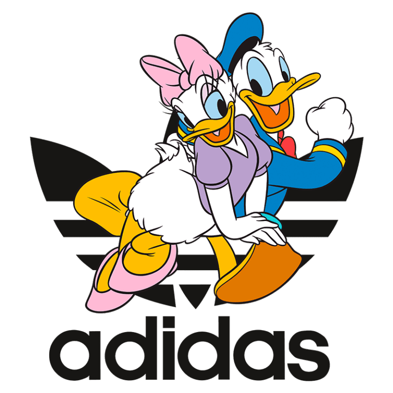Imagem colorida de Pato Donald e Margarida Duck alegres, destacando o logotipo da Adidas em preto abaixo deles. Ideal para conteúdos sobre cultura pop, moda e colaborações de marcas.