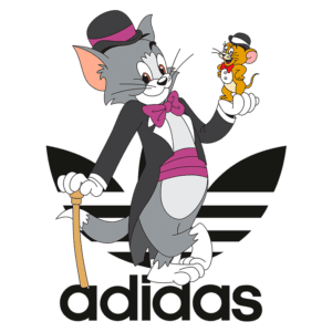 Tom e Jerry em uma ilustração divertida, com Tom vestido de tuxedo e segurando Jerry, ambos em cima do logo da Adidas. A imagem combina humor clássico com estilo moderno.