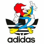 Logo da Adidas com o Pica-Pau, personagem icônico de desenho animado, exibindo uma pose divertida em um fundo verde.