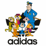 Personagens animados de gatos, incluindo um policial, em um design colorido com o logotipo da Adidas ao fundo. Uso divertido de personagens conhecidos na cultura pop.