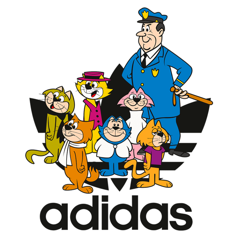 Personagens animados de gatos, incluindo um policial, em um design colorido com o logotipo da Adidas ao fundo. Uso divertido de personagens conhecidos na cultura pop.