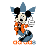 Mickey Mouse vestindo um casaco laranja com detalhes da marca Adidas, fazendo sinal de positivo, com o logotipo da Adidas abaixo e um fundo em estilo gráfico.