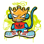Ilustração de um macaco estilizado, usando uma camiseta vermelha com o logotipo da Adidas, calças azuis e grandes tênis. Ele está usando uma coroa amarela e apresenta uma expressão desafiadora, com traços de arte urbana ao fundo em verde.