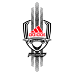 Logotipo da marca Adidas, apresentando o nome "adidas" em vermelho, com a palavra "EQUIPMENT" abaixo. O design inclui elementos gráficos que lembram uma insígnia, com detalhes em preto e linhas que simulam pneus, reforçando a temática de esportes e equipamentos de alta performance.