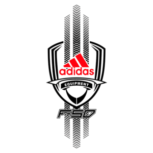 Logotipo da marca Adidas, apresentando o nome "adidas" em vermelho, com a palavra "EQUIPMENT" abaixo. O design inclui elementos gráficos que lembram uma insígnia, com detalhes em preto e linhas que simulam pneus, reforçando a temática de esportes e equipamentos de alta performance.