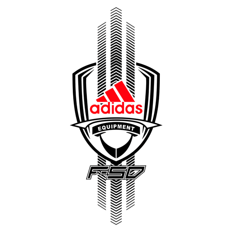 Logotipo da marca Adidas, apresentando o nome "adidas" em vermelho, com a palavra "EQUIPMENT" abaixo. O design inclui elementos gráficos que lembram uma insígnia, com detalhes em preto e linhas que simulam pneus, reforçando a temática de esportes e equipamentos de alta performance.