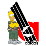 Homer Simpson em trajes de camuflagem, com calças verdes e tênis brancos, ao lado do logo estilizado da Adidas em vermelho e preto. A imagem combina elementos de cultura pop e moda esportiva, ressaltando a popularidade do personagem.