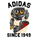 Ilustração colorida de um personagem estilizado com cabeça de TV, fazendo gesto irreverente, vestindo roupas de skate e segurando um controle de videogame, com o texto "ADIDAS SINCE 1949" em destaque.