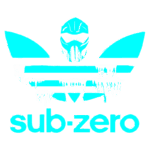 Logo do personagem Sub-Zero, da franquia Mortal Kombat, com um design estilizado em azul claro, apresentando o rosto do personagem coberto por uma máscara e elementos de gelo, acima do nome "sub-zero" em letras grandes.