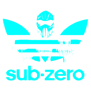 Logo do personagem Sub-Zero, da franquia Mortal Kombat, com um design estilizado em azul claro, apresentando o rosto do personagem coberto por uma máscara e elementos de gelo, acima do nome "sub-zero" em letras grandes.