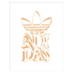 Logotipo estilizado da Adidas em cor dourada, apresentando as icônicas três listras e a flor.