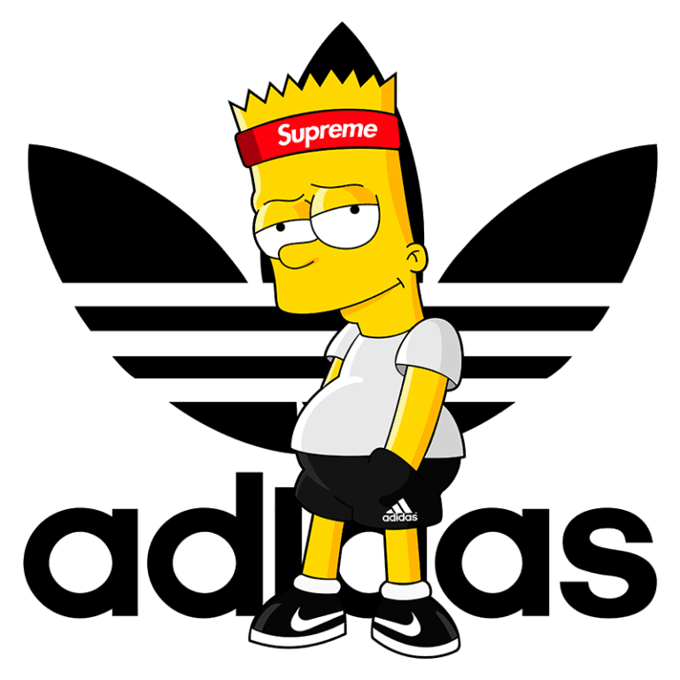 Bart Simpson estilizado com roupas de streetwear, usando uma faixa da marca Supreme e com o logotipo da Adidas ao fundo. A imagem combina elementos da cultura pop e moda urbana.