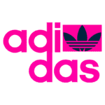 Logo da Adidas, apresentando o nome em letras pink e o icônico símbolo de três folhas em azul marinho.