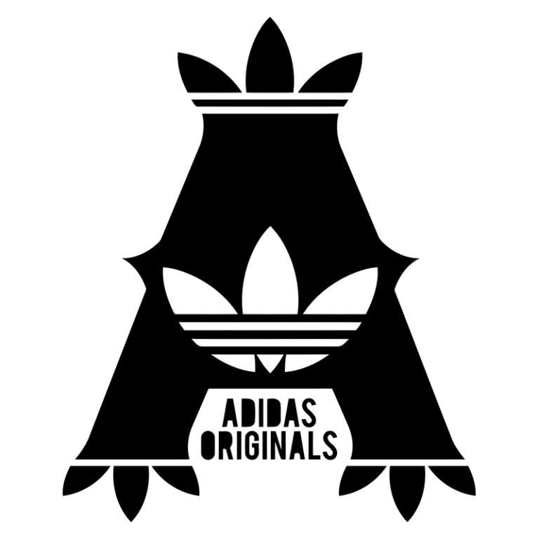 Logotipo da Adidas Originals em formato estilizado da letra "A", com elementos gráficos de folhas e três listras características da marca. Ideal para identificar produtos e conteúdos relacionados à moda esportiva e estilo urbano.