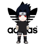 Personagem estilo chibi inspirado em Sasuke Uchiha, da série Naruto, vestindo uma camiseta preta e shorts, com bandana e detalhes em tatuagem, posicionado em frente ao logo da Adidas. Ideal para fãs de anime e cultura pop.