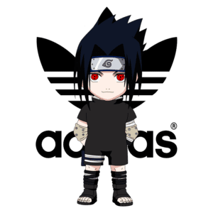 Personagem estilo chibi inspirado em Sasuke Uchiha, da série Naruto, vestindo uma camiseta preta e shorts, com bandana e detalhes em tatuagem, posicionado em frente ao logo da Adidas. Ideal para fãs de anime e cultura pop.