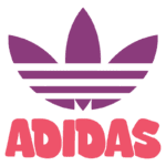 Logotipo da Adidas com o símbolo tradicional em roxo e o nome "ADIDAS" em letras grandes e em destaque na cor rosa.