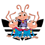 Três formigas super-heroínas em um fundo colorido, destacando uma formiga no centro com um traje especial e duas ao lado. Ideal para conteúdos sobre desenhos animados e personagens infantis.