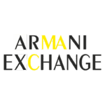 Logotipo da marca Armani Exchange, apresentado em uma combinação de letras pretas, brancas e amarelas, simbolizando estilo e moda contemporânea.
