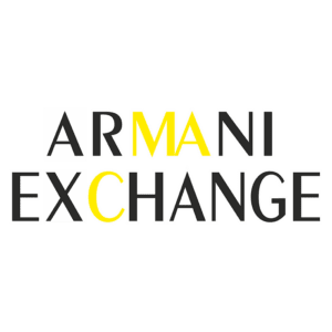 Logotipo da marca Armani Exchange, apresentado em uma combinação de letras pretas, brancas e amarelas, simbolizando estilo e moda contemporânea.