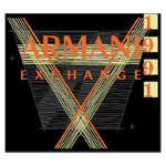 Logotipo da Armani Exchange com design gráfico estilizado, destacando o ano de 1991 em listras e formas geométricas em cores vibrantes vermelho, amarelo e preto.
