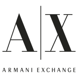 Logotipo da Armani Exchange, destacando as letras "A/X" em um design moderno e elegante, representando a marca de moda contemporânea.