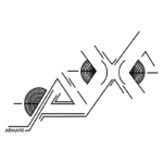 Logotipo estilizado da marca Armani com design geométrico em preto, apresentando linhas e formas abstratas, incluindo círculos com padrões e triângulos interconectados.