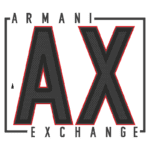 Logotipo da marca Armani Exchange, apresentando as letras "A" e "X" em destaque com fundo preto e contornos vermelhos, simbolizando estilo moderno e urbano.