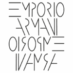 Logotipo da Emporio Armani, estilizado com letras geométricas em preto sobre fundo transparente, representando a marca de moda de alta qualidade.