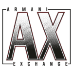 Logotipo da Armani Exchange, destacando as letras "AX" em um design moderno com gradiente de preto e branco, representando a marca de moda contemporânea.