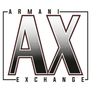 Logotipo da Armani Exchange, destacando as letras "AX" em um design moderno com gradiente de preto e branco, representando a marca de moda contemporânea.