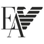 Logotipo da marca EA com design elegante, apresentando as letras "E" e "A" em preto, acompanhadas de uma asa estilizada que simboliza movimento e inovação.