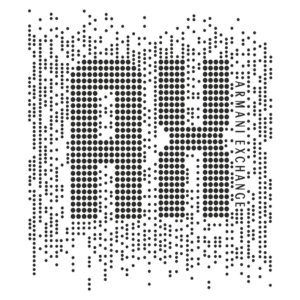 Logotipo da Armani Exchange em estilo moderno, formado por pontos pretos criando a sigla "AX" com o nome da marca ao lado.
