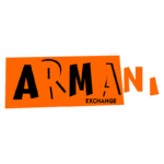 Logotipo da marca Armani Exchange com letras grandes em preto sobre um fundo laranja, destacando o estilo moderno e urbano da moda.