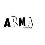 Logo da marca Armani Exchange em fundo branco, destacando o nome "ARMANI" em letras estilizadas e "EXCHANGE" em fonte menor, representando a moda contemporânea e acessível.