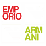 Logo da marca Emporio Armani, destacando as palavras "EMPORIO" em vermelho e "ARMANI" em verde, com símbolos de águia estilizados embaixo, representando a identidade visual da marca.