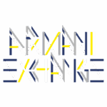 Logotipo da marca Armani Exchange, apresentando um design moderno e geométrico em cores variadas, incluindo azul, amarelo e cinza. Ideal para representar moda contemporânea e estilo urbano.