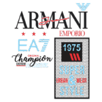 Logotipo de Armani Jeans com elementos gráficos e textos que incluem "EA7", "Champion Original Denim Authentic", "Super Urban & Wear Style" e a data "1975", representando uma marca de moda urbana e estilosa.