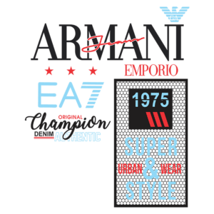 Logotipo de Armani Jeans com elementos gráficos e textos que incluem "EA7", "Champion Original Denim Authentic", "Super Urban & Wear Style" e a data "1975", representando uma marca de moda urbana e estilosa.